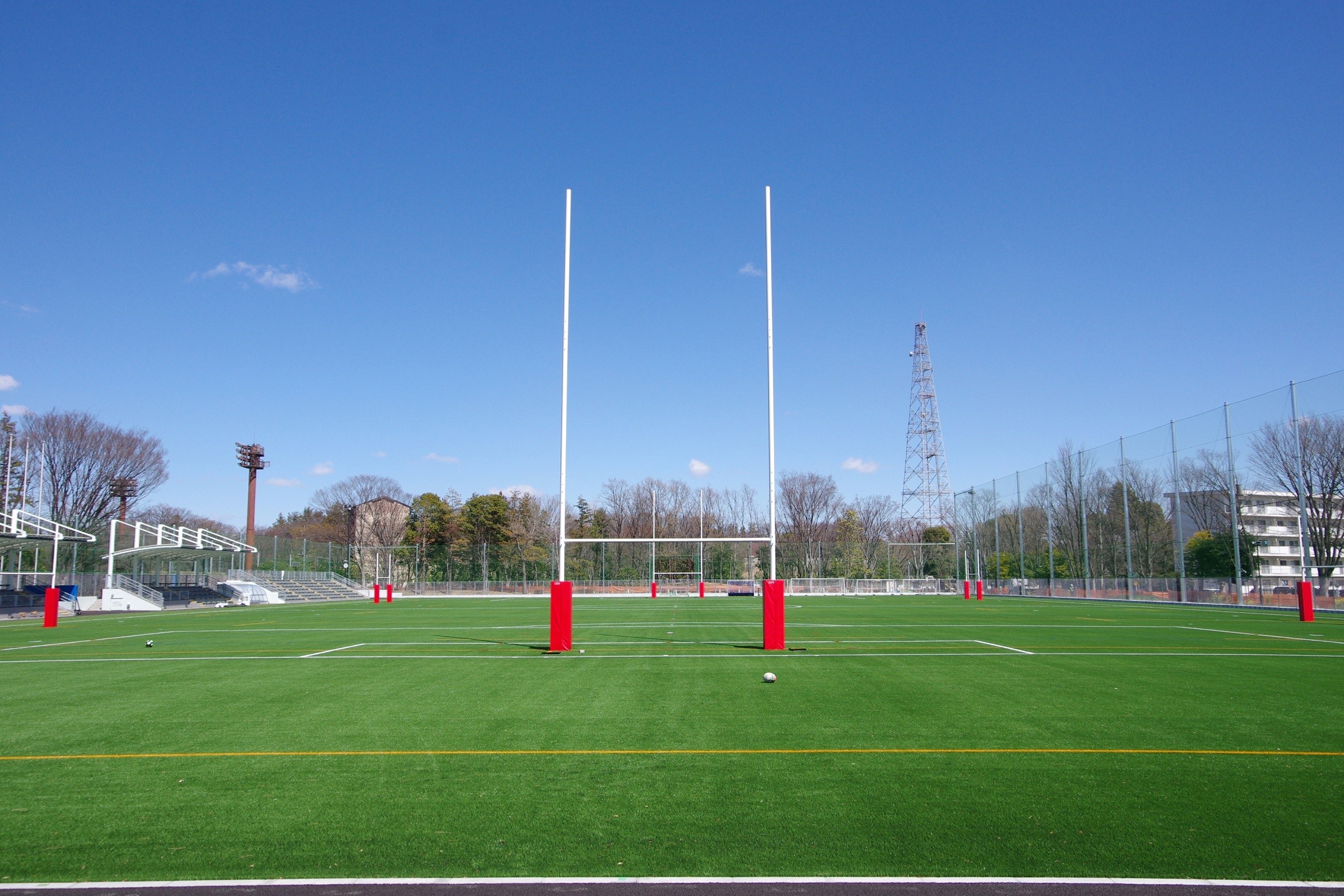 府中の森公園施設改修工事で整備された人工芝のサッカー・ラグビー・ホッケー場とラグビーゴール