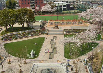 しながわ中央公園の広場と園内風景