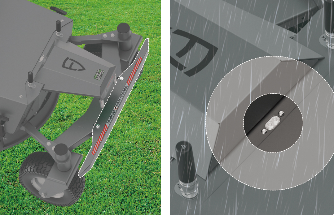 コリジョンバンパーや雨センサーを備えた芝刈りロボット RM21 のイメージ