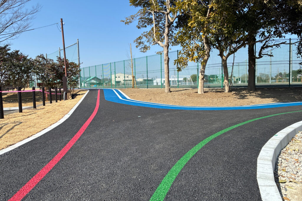 赤と緑いろのラインの入った園路、奥に青い園路が見える