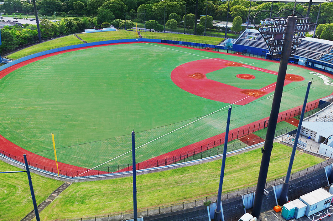レフト側から見た野球場全景、赤と緑のコントラスト