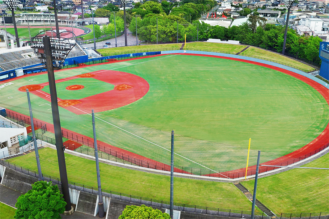 ライト側から見た野球場全景、赤と緑のコントラスト
